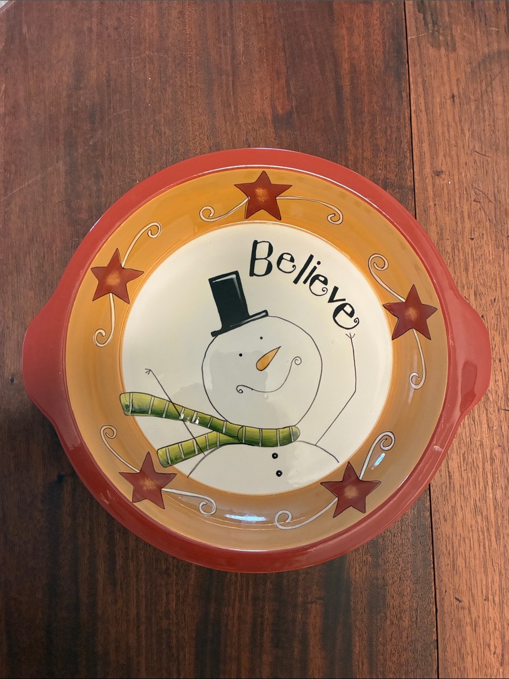 Lang Redware “Believe” Snowman Ceramic Pie Plate by Karen Hillard 2005